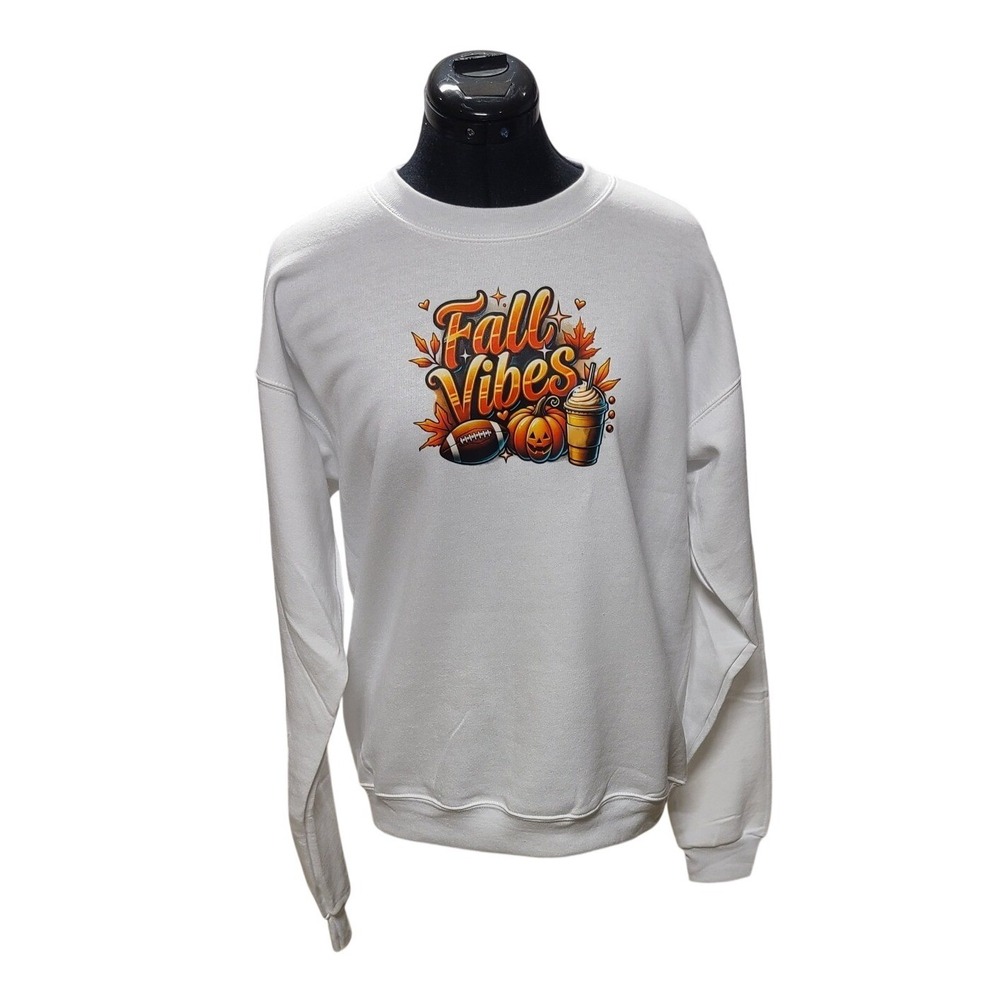 Hanes Ecosmart White Fall Vibes Graphic Sweatshirt Pumpkin Football Women Small